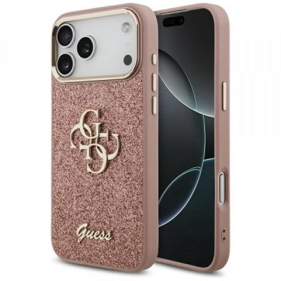 Husa pentru Apple iPhone 17 Pro Max, Guess, Fixed Glitter Big 4G Metal Frame, Roz foto