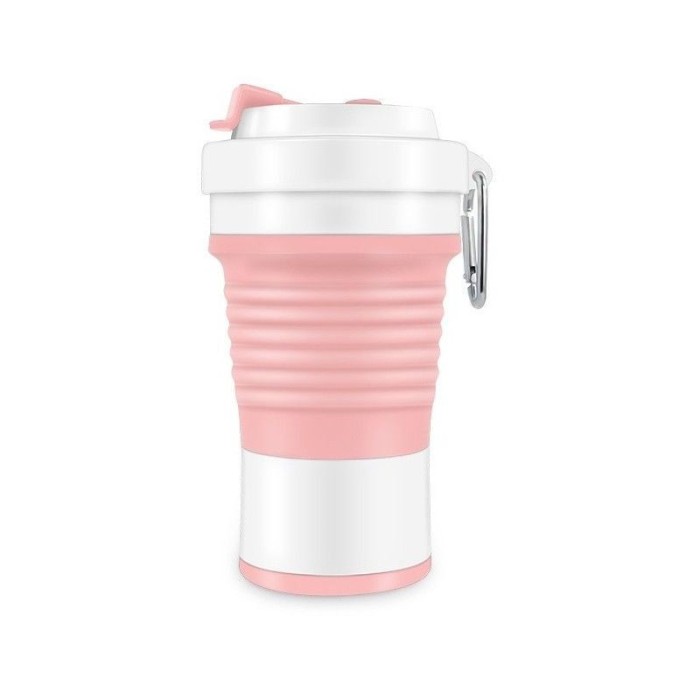 Recipient pliabil din silicon eMazing, ideal pentru călătorii, camping, cu capacitate de 750 ml și pai inclus, dimensiuni 11.6 X 19.3, culoare roz