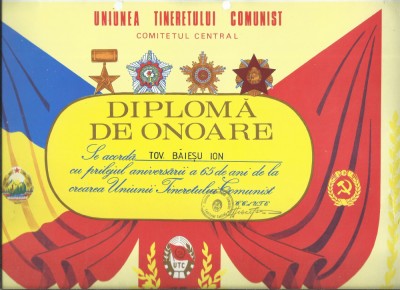 AMS# - DIPLOMA DE ONOARE ANIVERSARE 65 ANI CREAREA UNIUNII TINERETULUI COMUNIST foto