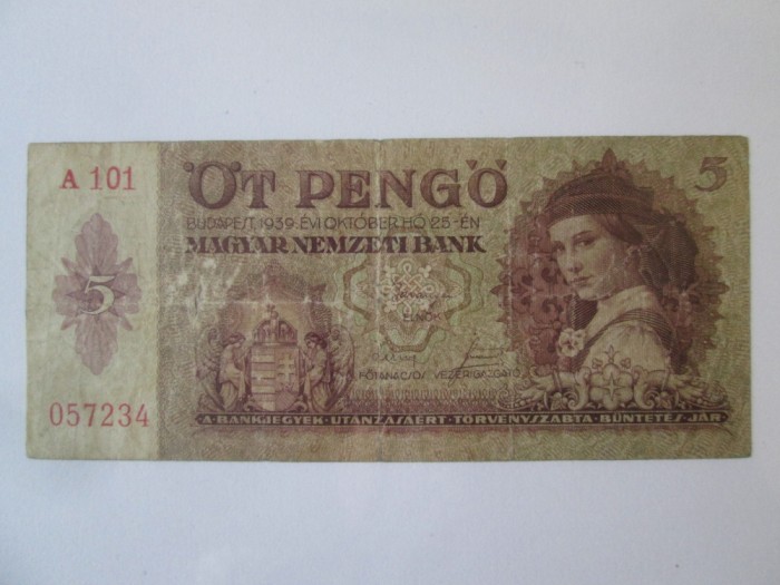 Rara! Ungaria 5 Pengo 1939,bancnota din imagini