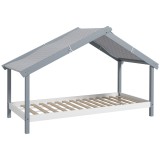 HOMCOM Pat Montessori pentru Copii &icirc;n Formă de Căsuță cu Acoperiș &Icirc;nstelat, Pat cu 15 Șipci, 213x100x140 cm, Gri | Aosom Romania