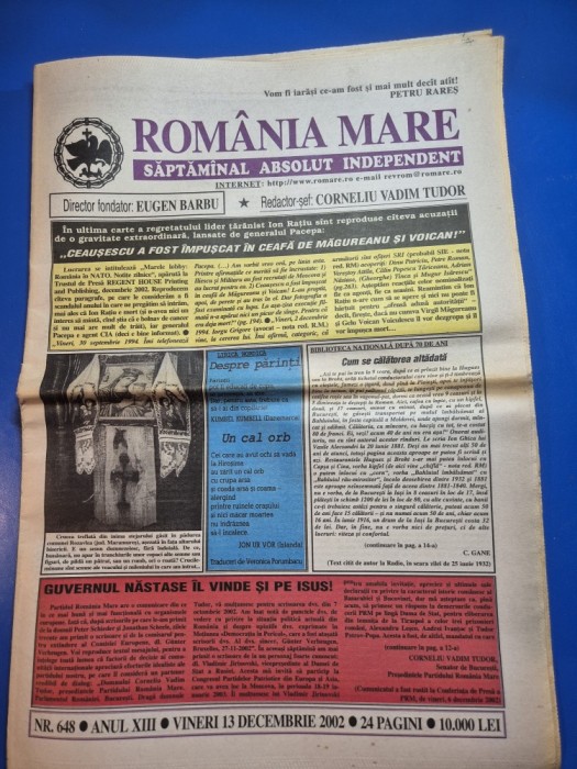 ziarul romania mare 13 decembrie 2002 - redactor sef corneliu vadim tudor