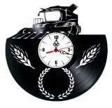 Ceas de perete decorativ realizat din disc de vinil, Model Combina Agricola si Spice de Grau / Seceris, Negru, 30 cm