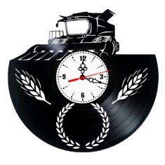 Ceas de perete decorativ realizat din disc de vinil, Model Combina Agricola si Spice de Grau / Seceris, Negru, 30 cm