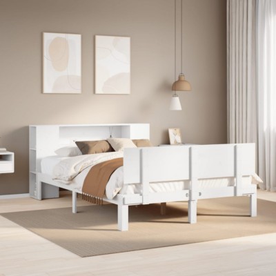 vidaXL Pat cu bibliotecă fără saltea, alb, 140x190 cm, lemn masiv pin 3322629 foto