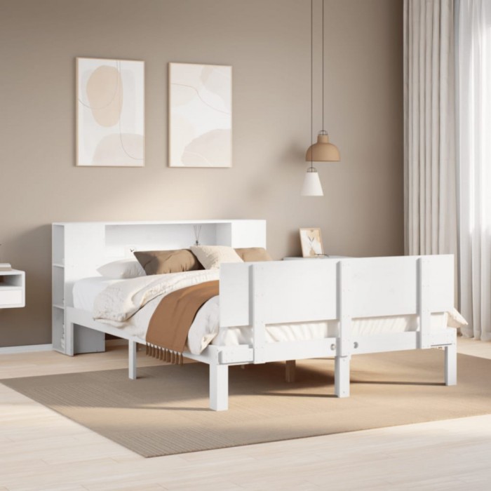 vidaXL Pat cu bibliotecă fără saltea, alb, 140x190 cm, lemn masiv pin 3322629