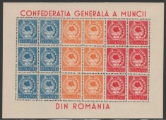 Romania 1947 - Confederatia Generala a Muncii, CGM minicoala de 6 serii LP 209 a, bloc de 18 timbre MNH, eroare de taiere