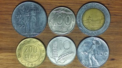 Italia - set de colectie 6 monede diferite- 10 50 100 200 + 500 lire bimetal - senzationale ! foto