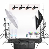 Cumpara ieftin Kit iluminare studio cu fundal alb, 2 softboxuri, 2 umbrele, 2 becuri fluorescente 150W si 2 LED RGB 45W, stative 200 cm si genti transport