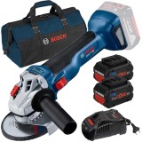 Bosch GWS 18V-10 + ProCORE + GAL 1880 CV + 1619BZ0100 - Polizor unghiular 125 mm + Set 2 acumulatori si incarcator Li-Ion 18 V 8 Ah + Geanta textila
