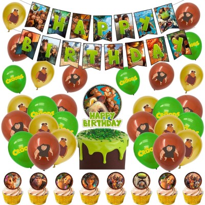 Set de 18 baloane, 25 accesorii tort sau briose si 1 banner pentru petrecere, perfect pentru zile de nastere, aniversari The Croods Multicolor 16 cm 4 foto