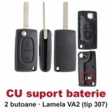 Set 2 bucati - Carcasa cheie briceag Topautochei&amp;#174; 2 butoane, CU suport baterie, lamela VA2, compatibila cu Peugeot 207 307 308 407 si Citroen C4
