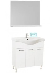 Set mobilier baie cu lavoar GN1531, front MDF cu lavoar ceramic, 80 cm, 3 usi, picioare reglabile cromate, balamale soft close si oglinda baie cu poli