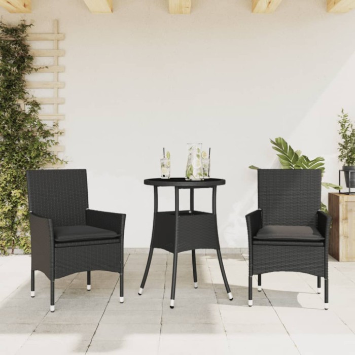 vidaXL Set mobilier de grădină cu perne 3 piese negru poliratan&amp;sticlă 3278617