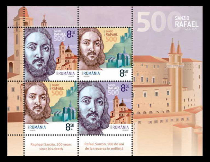 ✅RO 2020 ,LP 2299 a ,&quot;Rafael -500 ani de la moarte&quot; , colita 843/tiraj 3400 ,MNH