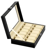 Cutie depozitare si organizare ceasuri, MDF, piele ecologica, 30x20x8cm, negru interior crem Household NewTrend