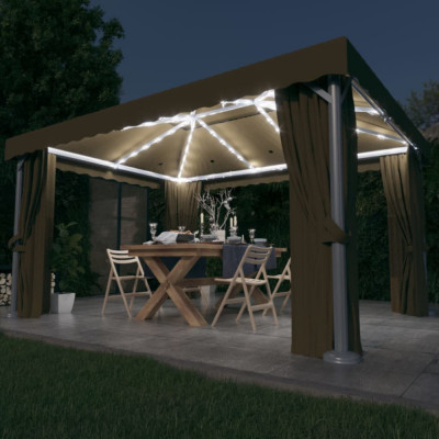 vidaXL Pavilion cu perdea &amp;amp; șir de lumini LED, gri taupe, 4x3 m foto