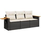 Set mobilier de gradina cu perne, 3 piese, negru, poliratan