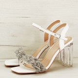 Cumpara ieftin Sandale Dama Elegante Albe cu Pietricele Argintii, Toc Gros Transparent 9cm, Piele Ecologica BL6531