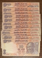 B11 29 - Bancnota foarte veche - India - 10 rupii - 2008 - doisprezece bancnote serii consecutive