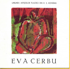 EVA CERBU, CATALOG EXPOZITIE, Galeria &amp;quot; Orizont&amp;quot; mai 1988 , coperta linogravura color foto