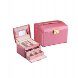 Cutie eleganta pentru bijuterii, ceasuri sau accesorii, 20 de compartimente, oglinda si inchidere cu cheie culoare roz inchis