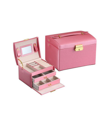 Cutie eleganta pentru bijuterii, ceasuri sau accesorii, 20 de compartimente, oglinda si inchidere cu cheie culoare roz inchis foto