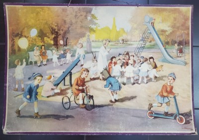 COPII LA JOACA IN PARC , PLANSA DIDACTICA NR. 101 , 1967 foto