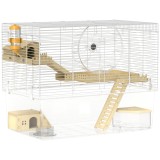 PawHut Cușcă pentru hamster &icirc;n 3 nivele, cușcă pentru rozătoare cu roată de exerciții, tavă ad&acirc;ncă transparentă, 59 x 35,5 x 47 cm, alb | Aosom Romani