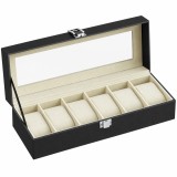 SONGMICS Cutie pentru depozitare 6 ceasuri,capac transparent din sticla,interior captusit cu catifea si perne detasabile pentru protectie,exterior
