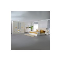 Dormitor Cod105, 6 Piese, Pat 180 x 200, Comoda Cu Oglinda, 2Noptiere, Dulap 6u, Culoare Alb/Auriu