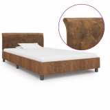 Cadru de pat, maro, 100 x 200 cm, piele &icirc;ntoarsă ecologică, Cires, Dublu, Cu polite semirotunde, vidaXL