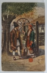 TIPURI DIN TINUTUL VASLUI , ROMANIA , BARBAT SI FEMEIE LA FANTANA , IN PORT POPULAR , CARTE POSTALA , 1926