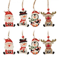 Ornamente Brad de Crăciun, Set 8 Bucăți, Lemn, Moș Crăciun, Om de Zăpadă, Pinguin, Cerb, Multicolor