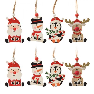 Ornamente Brad de Crăciun, Set 8 Bucăți, Lemn, Moș Crăciun, Om de Zăpadă, Pinguin, Cerb, Multicolor foto