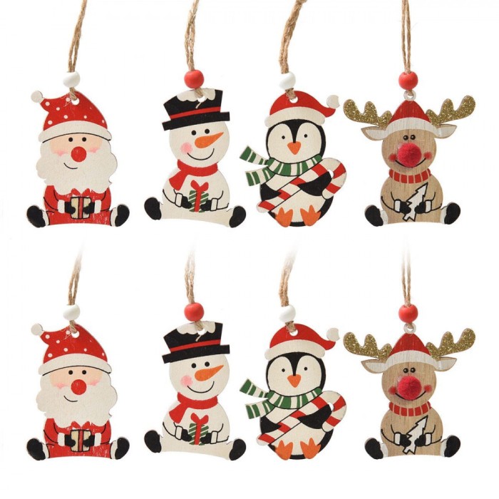 Ornamente Brad de Crăciun, Set 8 Bucăți, Lemn, Moș Crăciun, Om de Zăpadă, Pinguin, Cerb, Multicolor