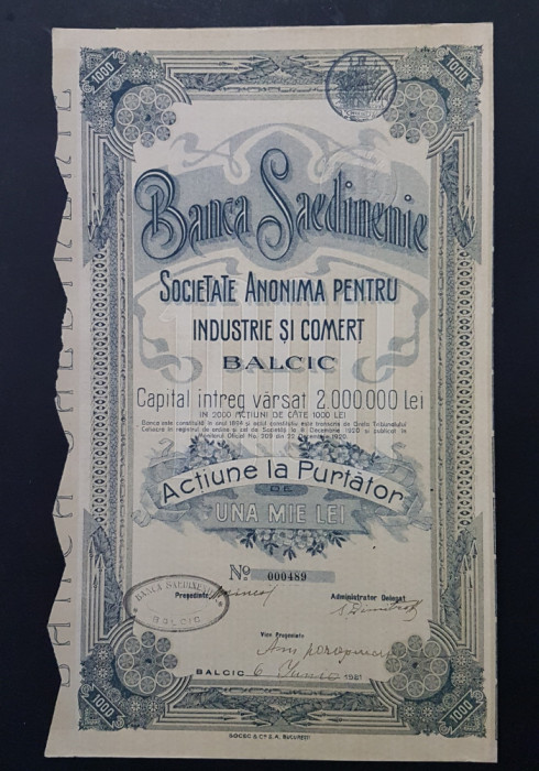 Actiune la purtator 1921 banca Saedinenie din Balcic , actiuni