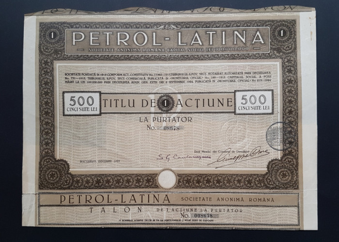 Actiune 1925 Societatea Petrol - Latina / titlu / actiuni