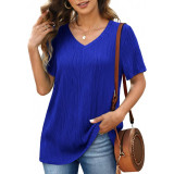 EFAN Tricouri cu m&acirc;necă scurtă pentru femei cu decolteu &icirc;n V Topuri texturate din tricot de vară Bluză de bază cu tricou largi B07-royal Blue X-Large