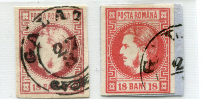 1868 , Lp 24 , Carol I cu favoriti 18 Bani , nuante de culoare - stampilate foto