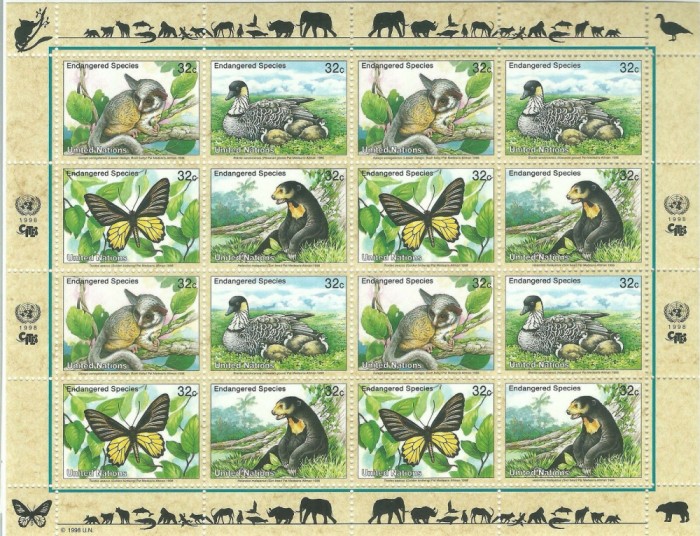 ONU , UNO , NEW YORK - 1998 - FAUNA , ANIMALE , BLOC COLITA NESTAMPILAT