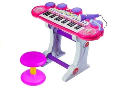 Orga electrica pentru copii, cu stativ, scaun, microfon si slot USB, LeanToys, roz, 3466 foto