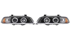 Set faruri Bmw Seria 5 (E39), 01.1996-06.2004, partea Stanga+Dreapta, Tuning, Fata, cu lumina parcare fibra optica; tip bec H1+H1; manual; negru, tra