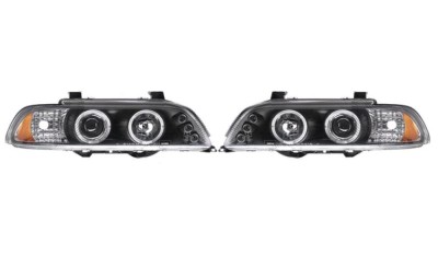 Set faruri Bmw Seria 5 (E39), 01.1996-06.2004, partea Stanga+Dreapta, Tuning, Fata, cu lumina parcare fibra optica; tip bec H1+H1; manual; negru, tra foto