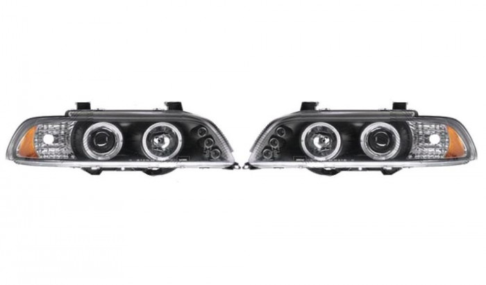 Set faruri Bmw Seria 5 (E39), 01.1996-06.2004, partea Stanga+Dreapta, Tuning, Fata, cu lumina parcare fibra optica; tip bec H1+H1; manual; negru, tra