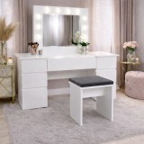 Masa de toaleta/machiaj, Antonia + taburet, alb, cu oglinda si LED-uri, 155x42x135 cm GartenVIP DiyLine