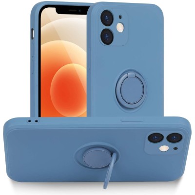 Husa protectie Flippy compatibila cu Apple iPhone 12 Liquid Silicone Ring cu suport rotativ Albastru deschis foto