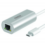 Adaptor Placa Retea USB-C, FIDECO, Type-C, USB 3.0, 5Gbps, Placa de retea externa Gigabit Ethernet RJ-45, 10/100 Mbps, din Aluminiu, Gri