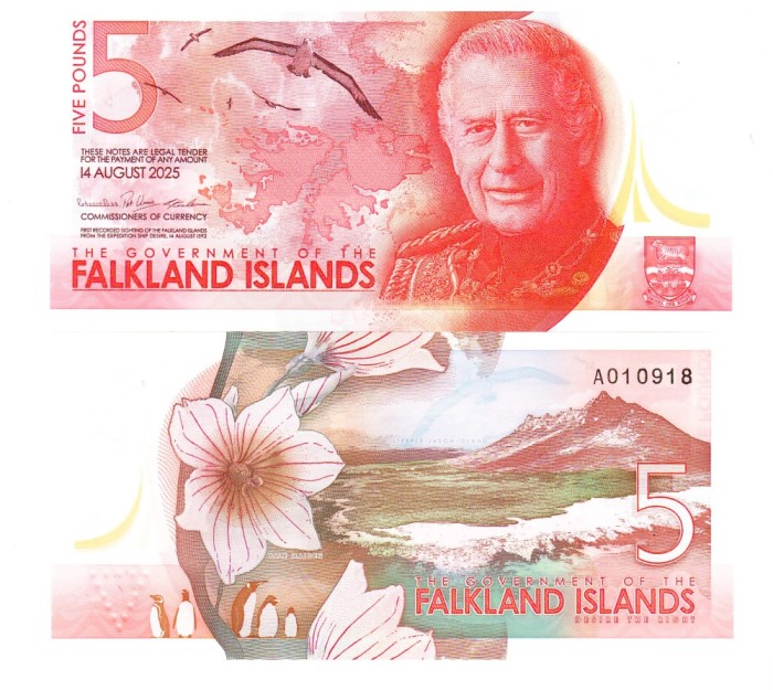 Insulele Falkland 5 Pounds 2025 P-20 Polimer Regele Charles UNC