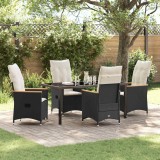 Set de dining pentru grădină cu 5 piese, cu perne, negre și din rattan poliesteric.